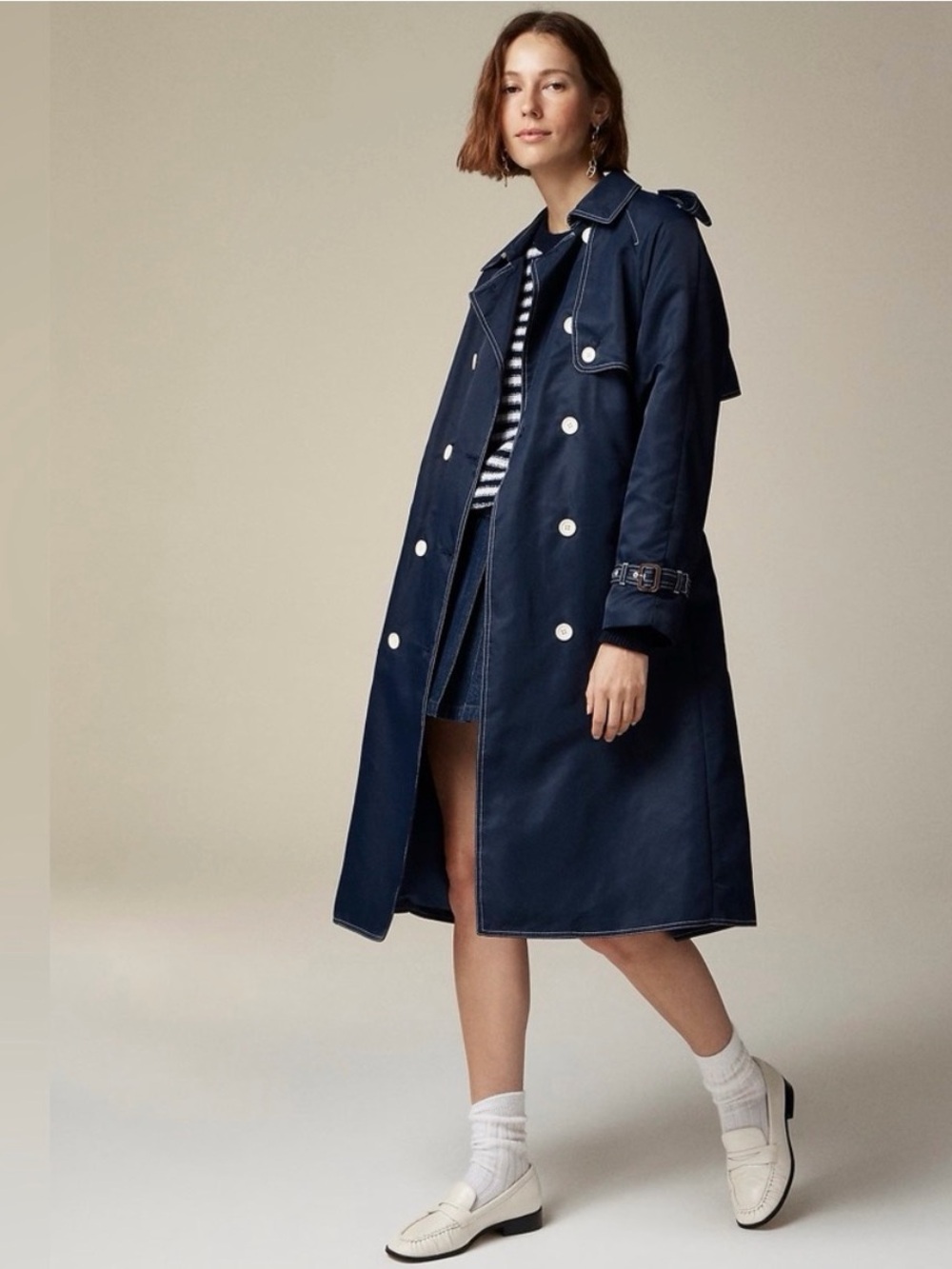 J. Crew Relaxed Shiny Nylon Trench Coat in Navy Blue White Lightweight Sz. 6